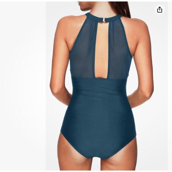 NWT Tempt Me One-Piece Swimsuit High Neck Ruched Bathing Suit Green Womens L - Picture 2 of 5